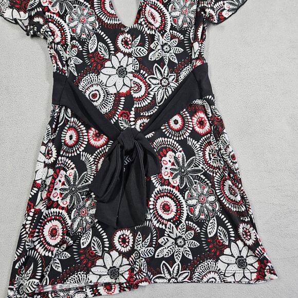 Vtg Y2K Wrapper Babydoll Blouse Womens Small Floral Black White Red Tie Back - Picture 8 of 13